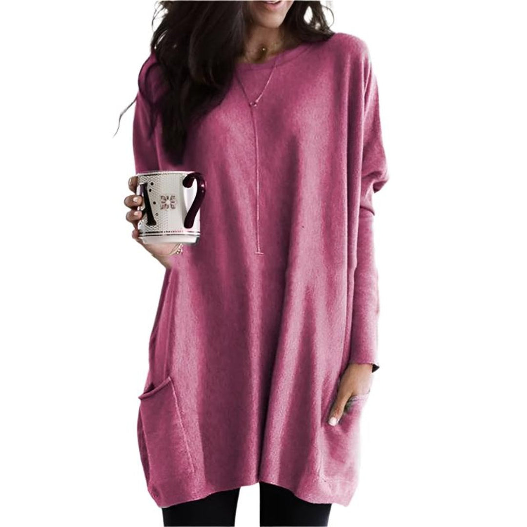 Damen Longpullover Oversized Rundhals Tunika mit Taschen - Rosa