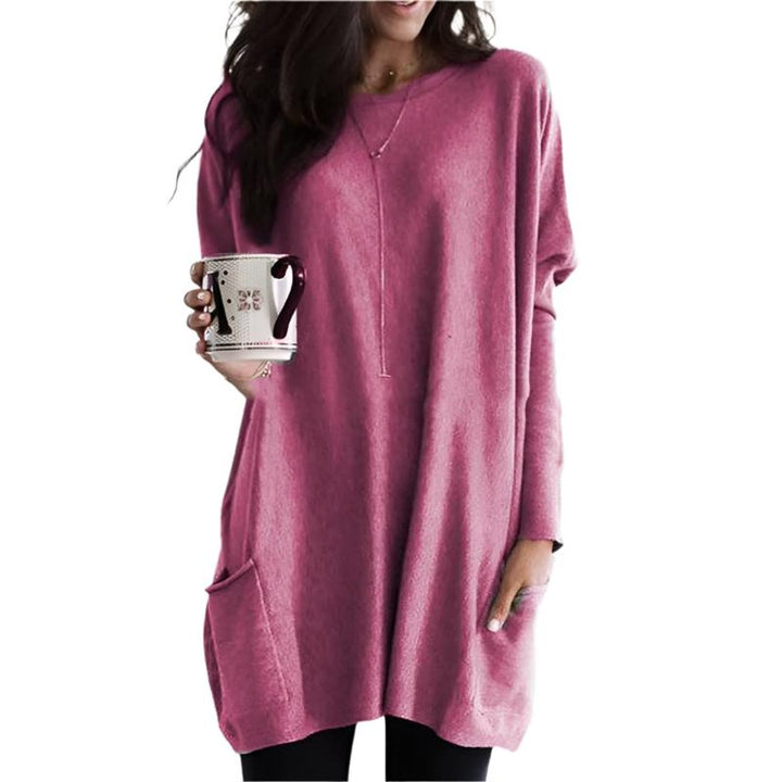 Damen Longpullover Oversized Rundhals Tunika mit Taschen - Rosa