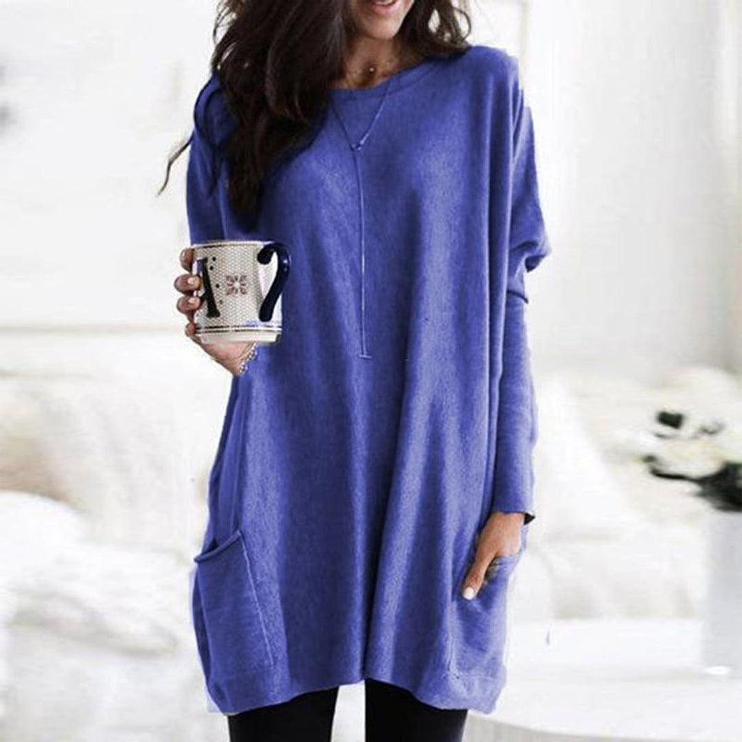 Damen Longpullover Oversized Rundhals Tunika mit Taschen - Lila