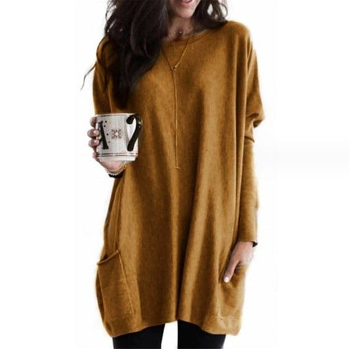 Damen Longpullover Oversized Rundhals Tunika mit Taschen - Khaki