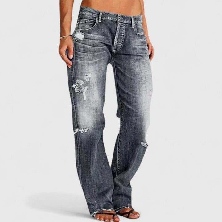 Damen Low Rise Destroyed Straight Leg Jeans - Gray