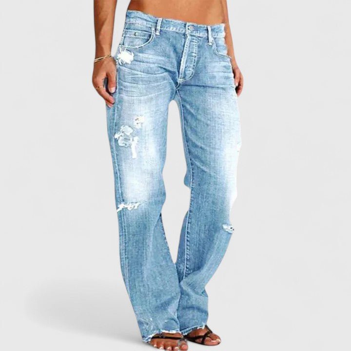 Damen Low Rise Destroyed Straight Leg Jeans - Light Blue