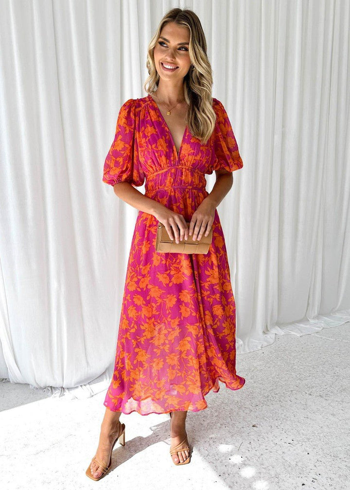 Damen Luftiges Midi Kleid Blumenmuster Puffärmel V-Ausschnitt - Roze-Oranje