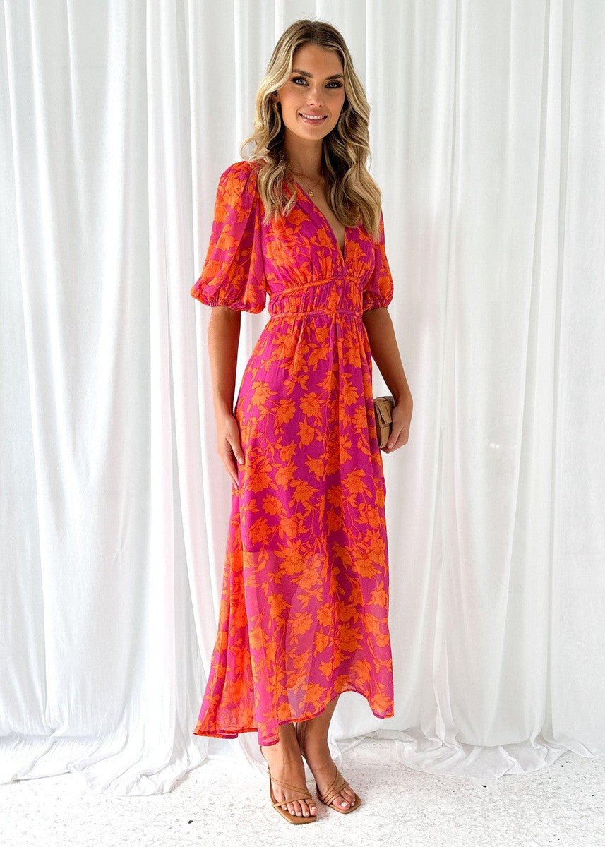 Damen Luftiges Midi Kleid Blumenmuster Puffärmel V-Ausschnitt