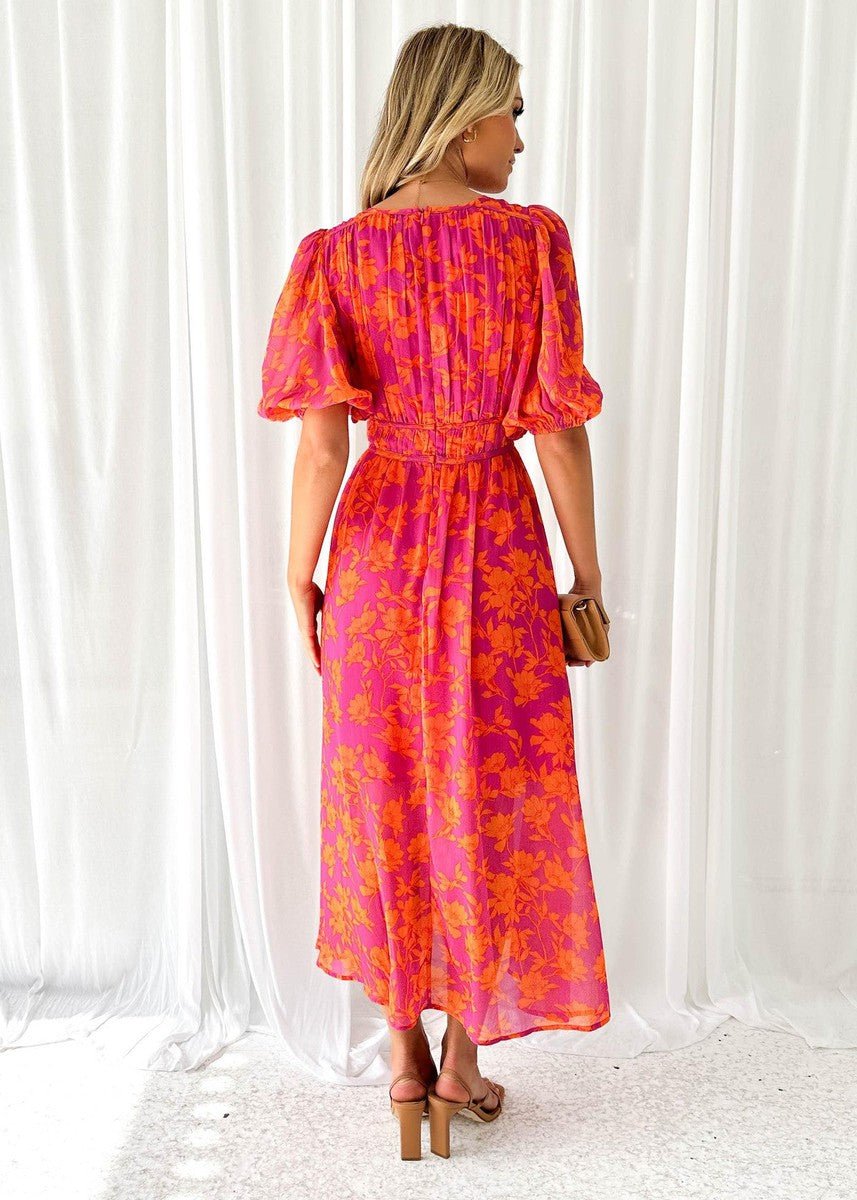 Damen Luftiges Midi Kleid Blumenmuster Puffärmel V-Ausschnitt