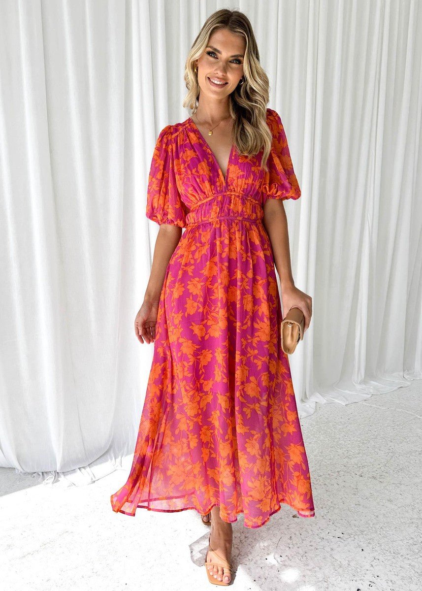 Damen Luftiges Midi Kleid Blumenmuster Puffärmel V-Ausschnitt