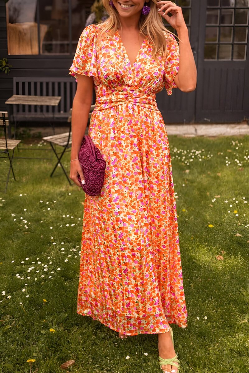 Damen Maxi Blumenkleid V-Ausschnitt Kurzarm - Oranje