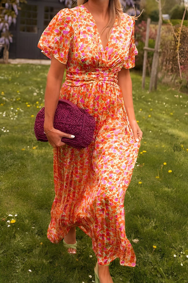 Damen Maxi Blumenkleid V-Ausschnitt Kurzarm