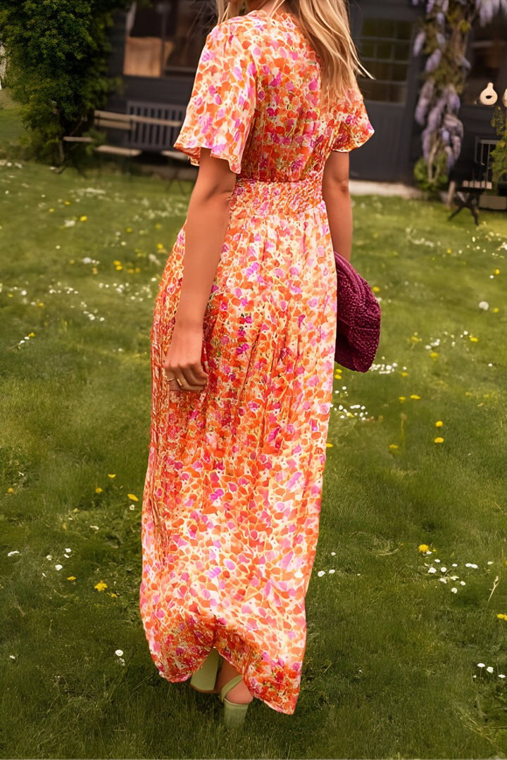 Damen Maxi Blumenkleid V-Ausschnitt Kurzarm