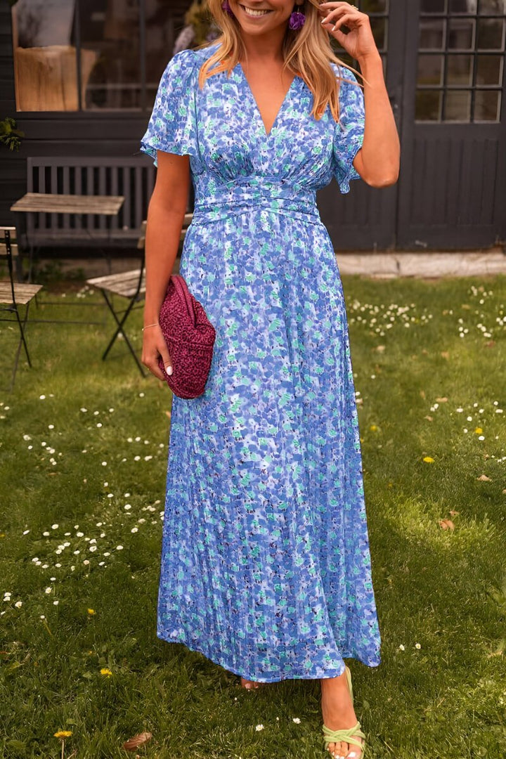 Damen Maxi Blumenkleid V-Ausschnitt Kurzarm - Blauw