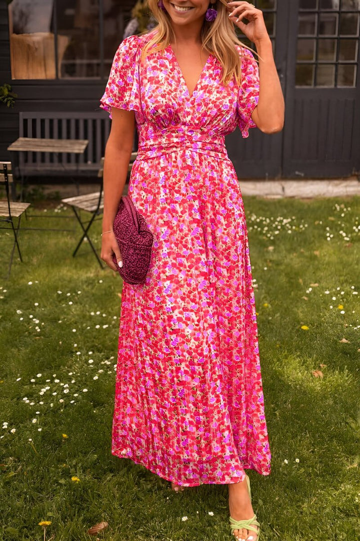 Damen Maxi Blumenkleid V-Ausschnitt Kurzarm - Roze