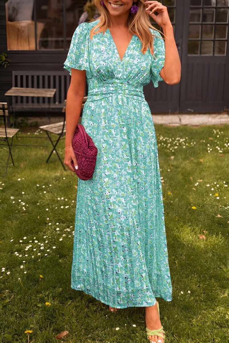 Damen Maxi Blumenkleid V-Ausschnitt Kurzarm - Groen