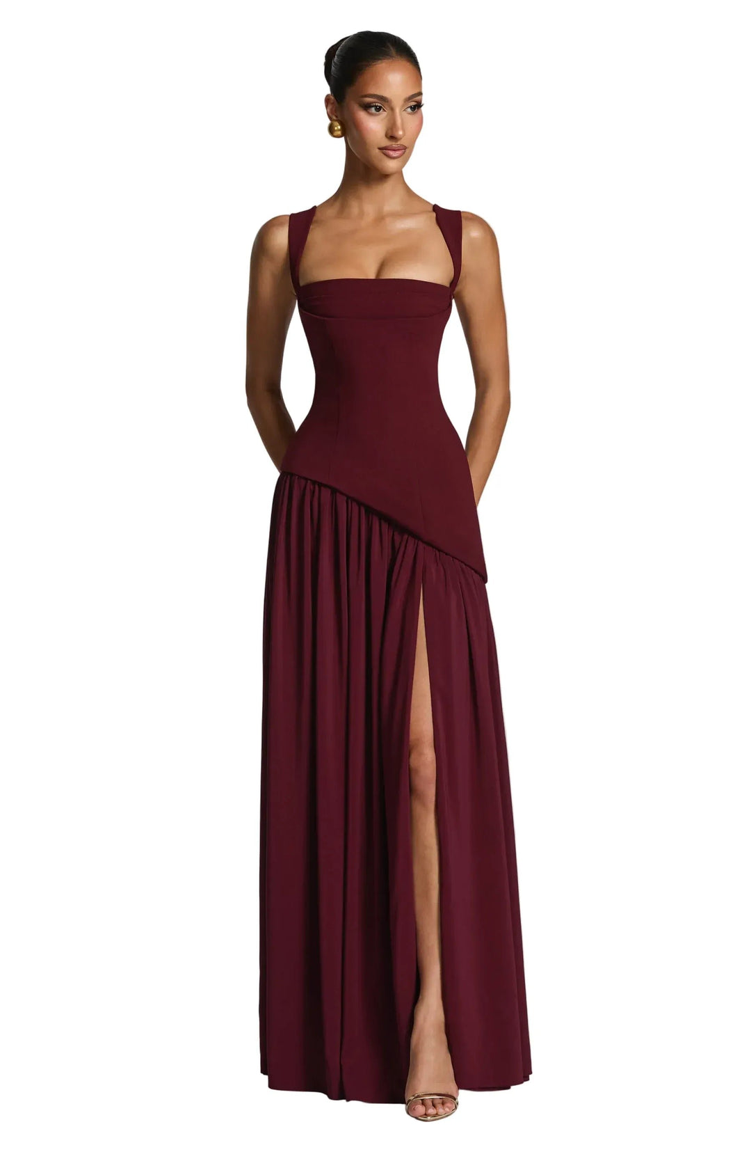 Damen Maxi Kleid A-Linie Ärmellos Hochzeitsgast - Burgundy