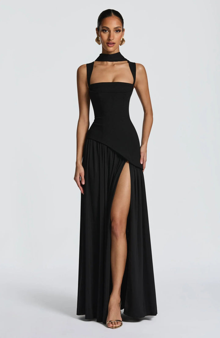 Damen Maxi Kleid A-Linie Ärmellos Hochzeitsgast - Black