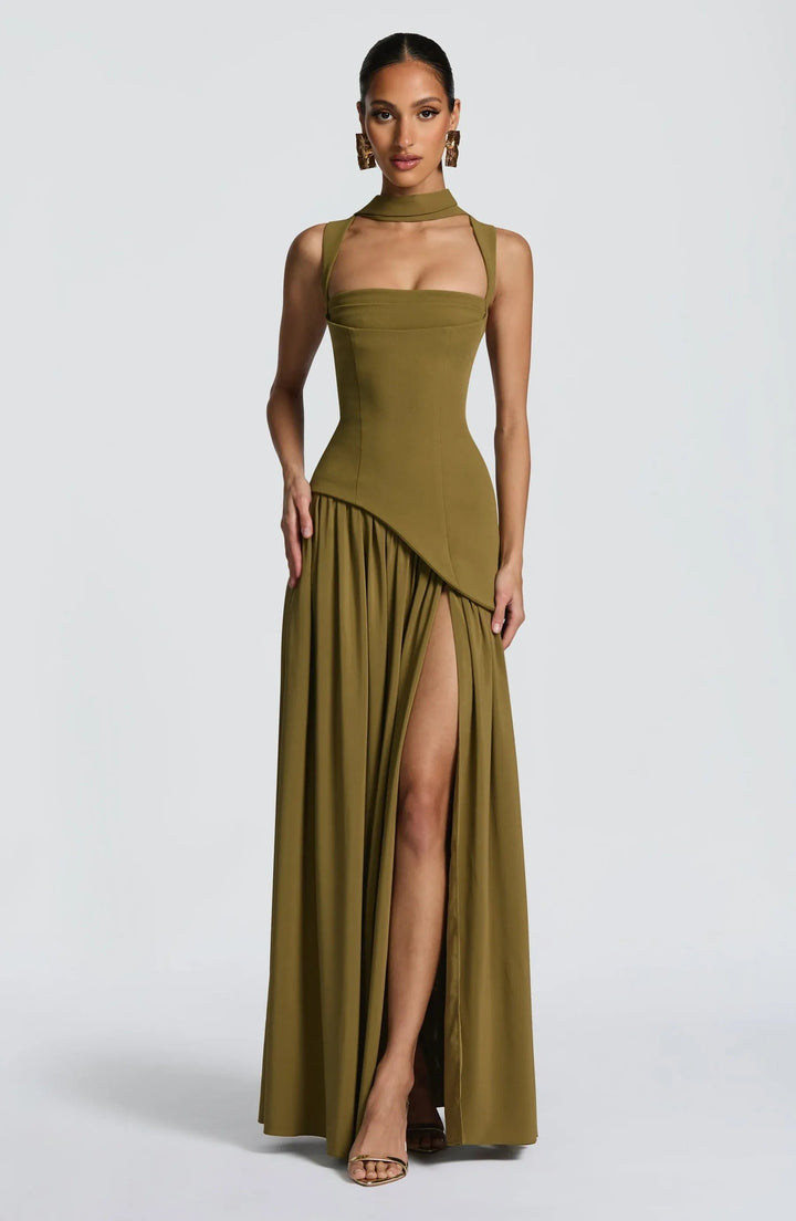 Damen Maxi Kleid A-Linie Ärmellos Hochzeitsgast - Green