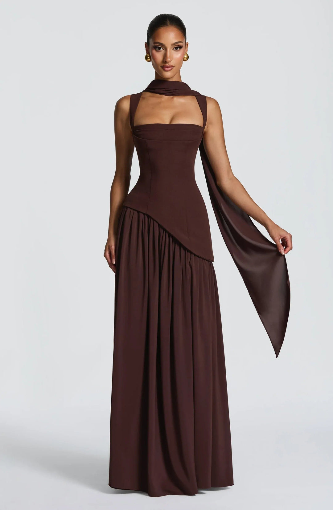 Damen Maxi Kleid A-Linie Ärmellos Hochzeitsgast - Brown