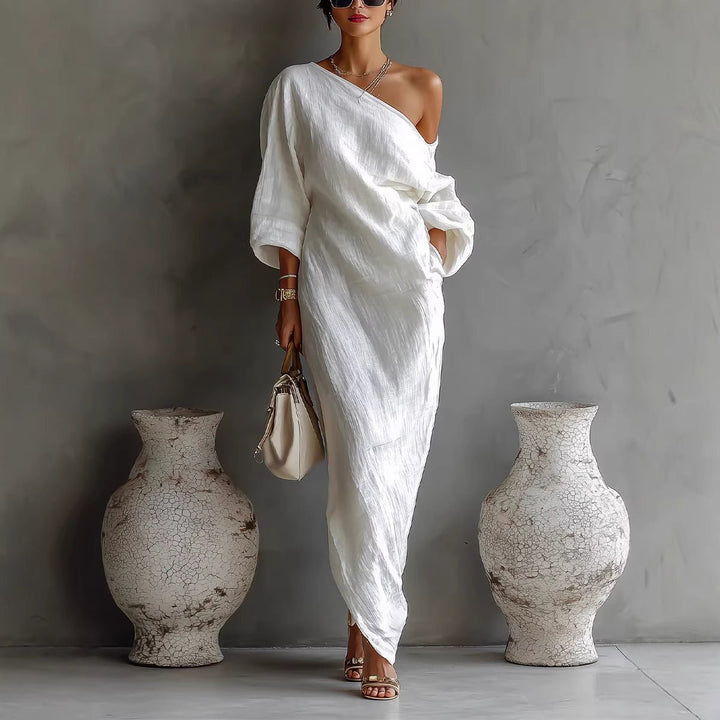 Damen Maxi-Kleid Leinenoptik Asymmetrisch Laternärmel Locker - White