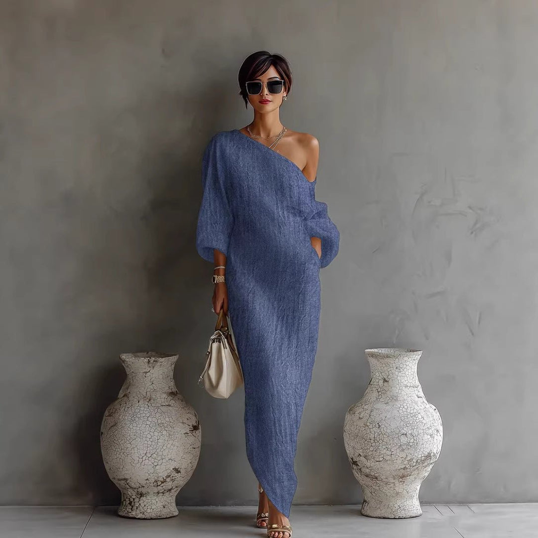 Damen Maxi-Kleid Leinenoptik Asymmetrisch Laternärmel Locker - blue