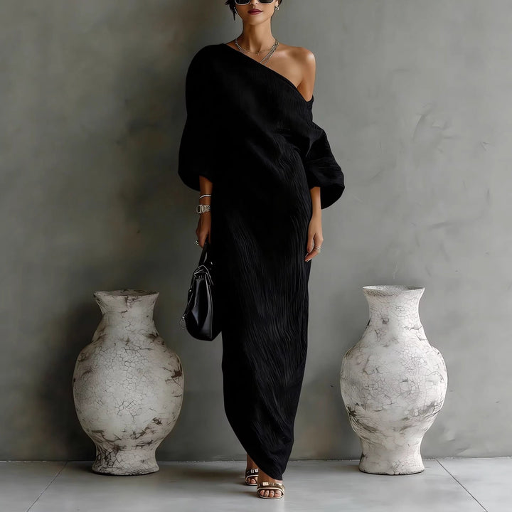Damen Maxi-Kleid Leinenoptik Asymmetrisch Laternärmel Locker - Black