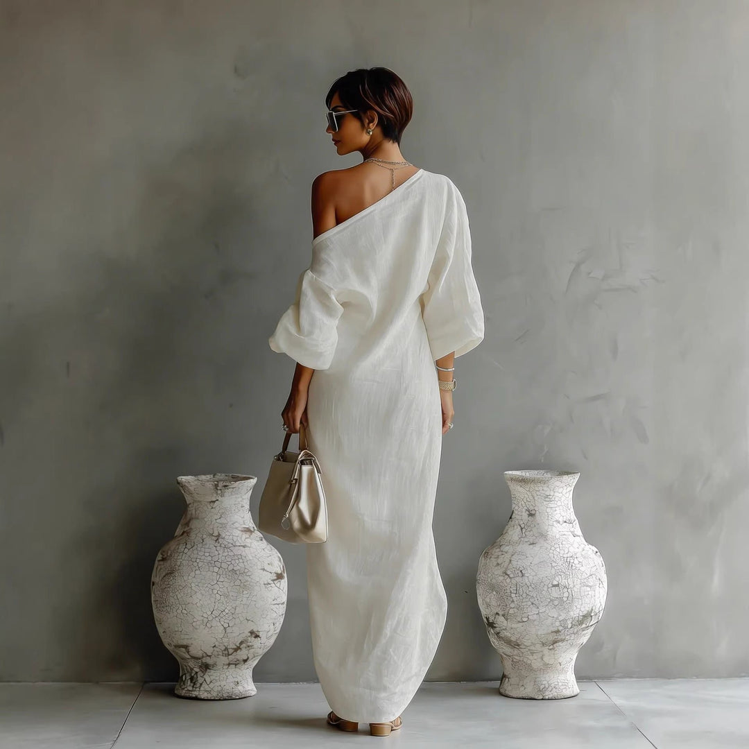 Damen Maxi-Kleid Leinenoptik Asymmetrisch Laternärmel Locker