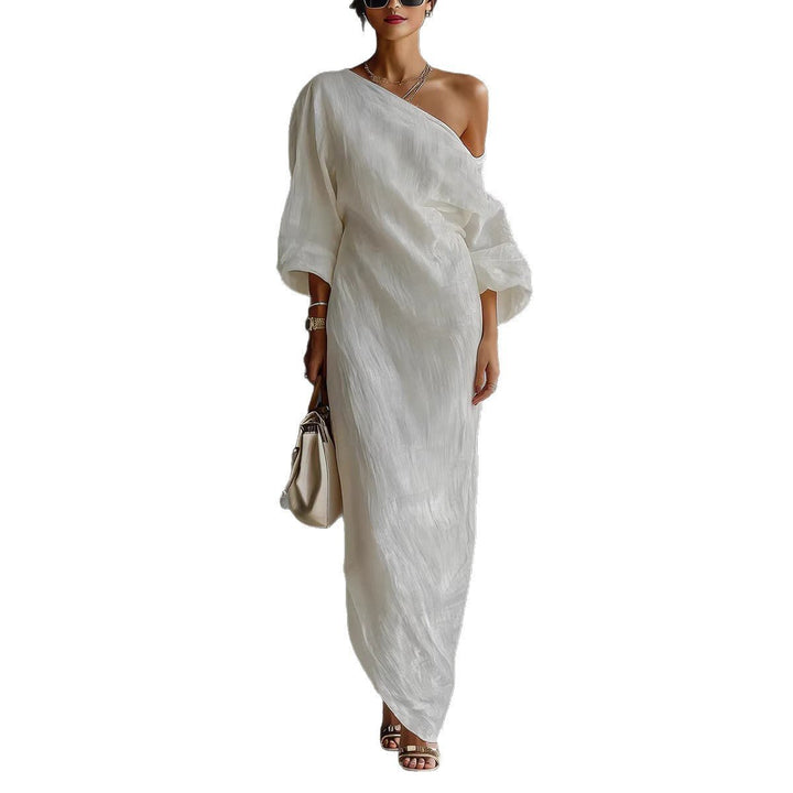Damen Maxi-Kleid Leinenoptik Asymmetrisch Laternärmel Locker