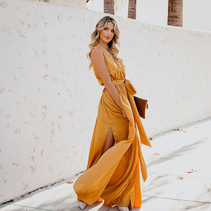 Damen Maxi-Kleid mit Taillenband und Seitenschlitz - Geel