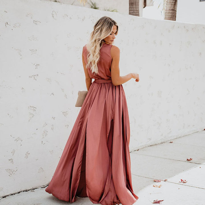 Damen Maxi-Kleid mit Taillenband und Seitenschlitz