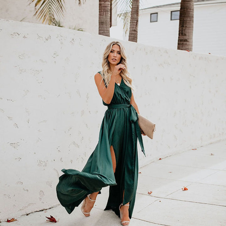 Damen Maxi-Kleid mit Taillenband und Seitenschlitz - Groen