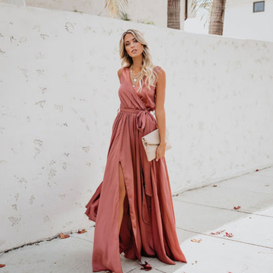 Damen Maxi-Kleid mit Taillenband und Seitenschlitz - Roze
