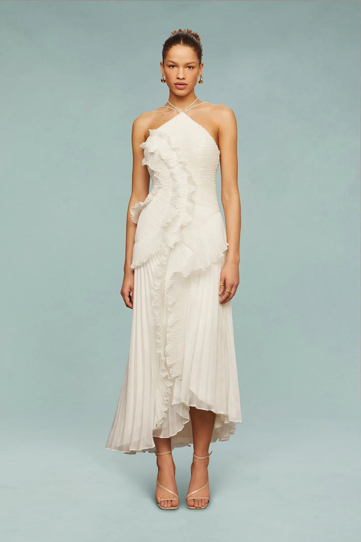 Damen Maxi Kleid Neckholder Rüschen Hochzeit Gast - White