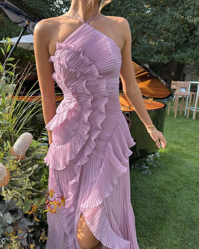Damen Maxi Kleid Neckholder Rüschen Hochzeit Gast