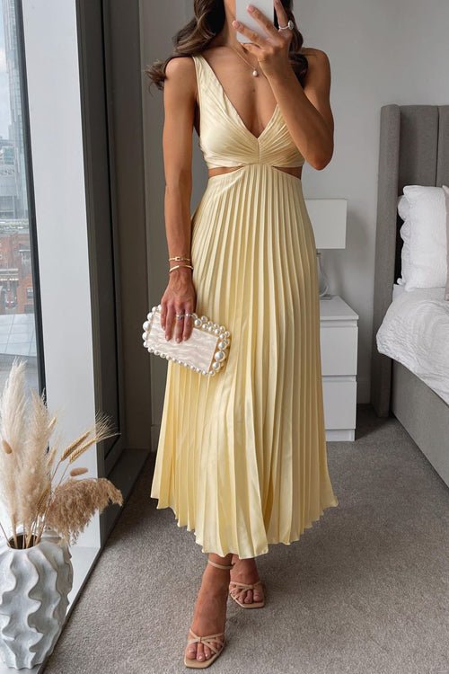 Damen Maxi Kleid V-Ausschnitt Plissiert - Yellow