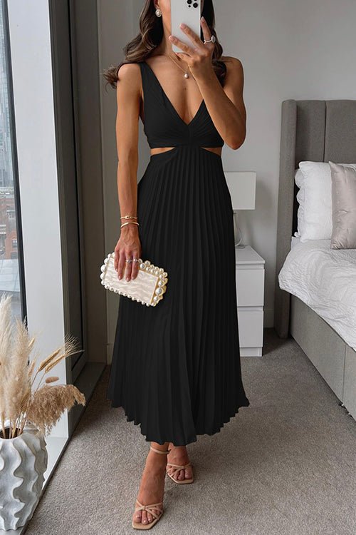 Damen Maxi Kleid V-Ausschnitt Plissiert - Black