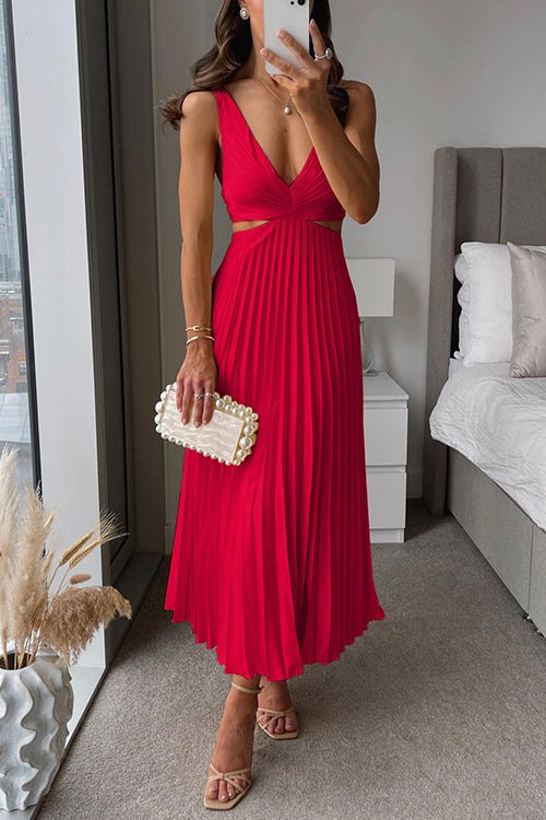 Damen Maxi Kleid V-Ausschnitt Plissiert - Red