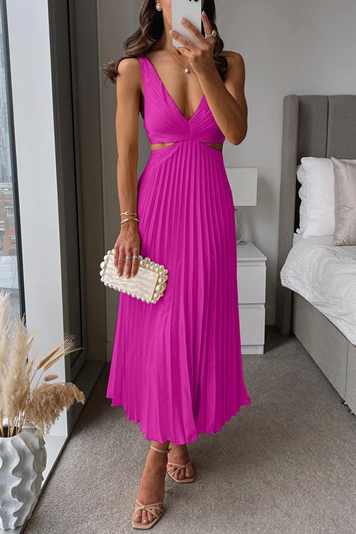 Damen Maxi Kleid V-Ausschnitt Plissiert - Pink