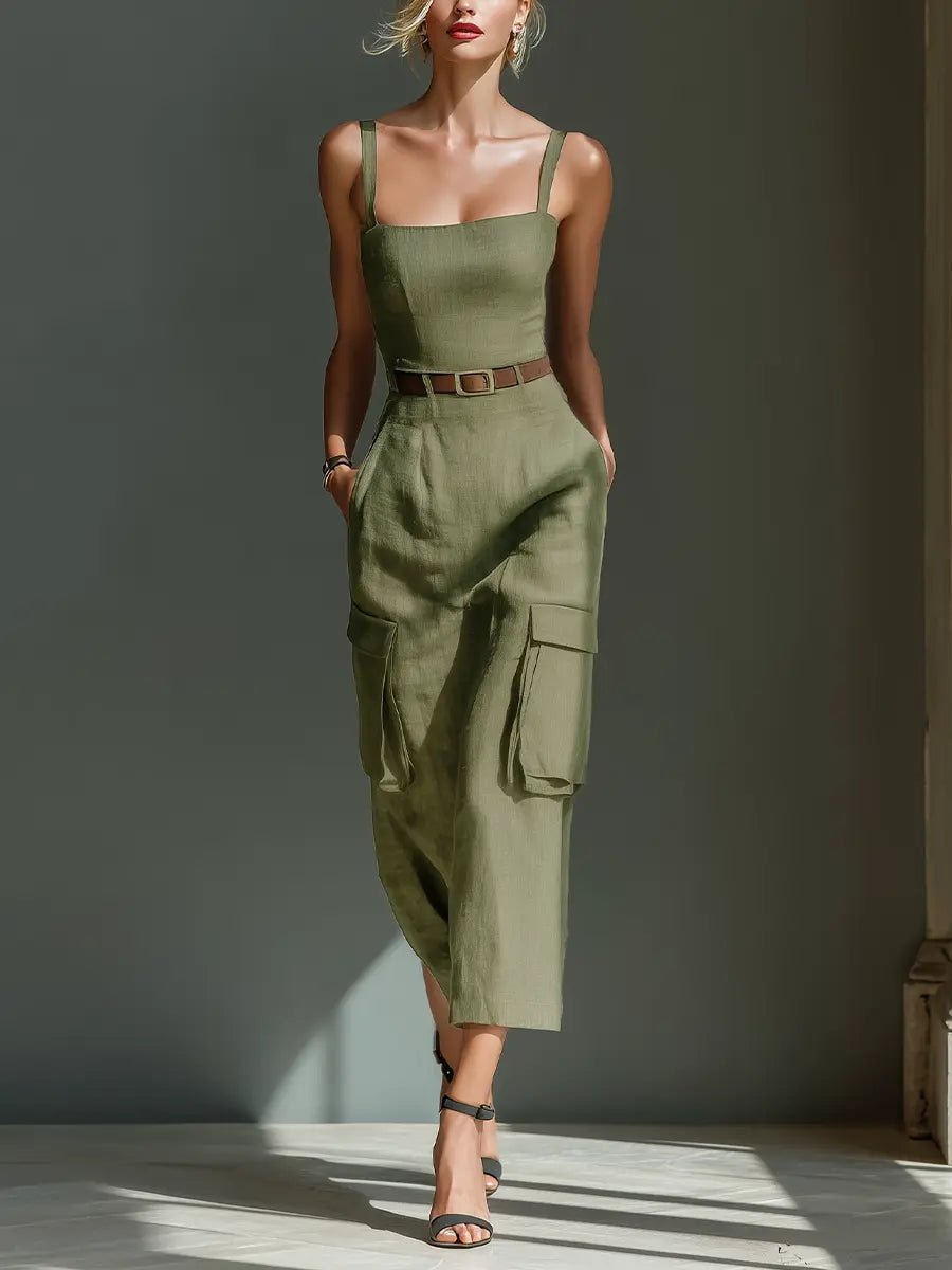 Damen Midi-Kleid Leinen Utility-Style Taillengürtel Cargotaschen - Olive Green