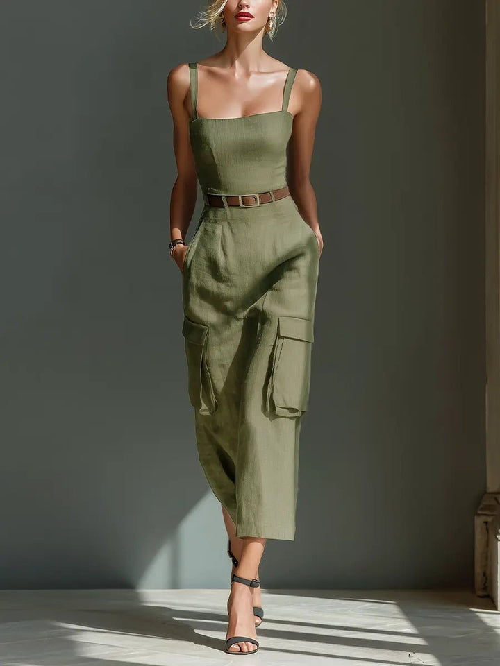 Damen Midi-Kleid Leinen Utility-Style Taillengürtel Cargotaschen - Olive Green