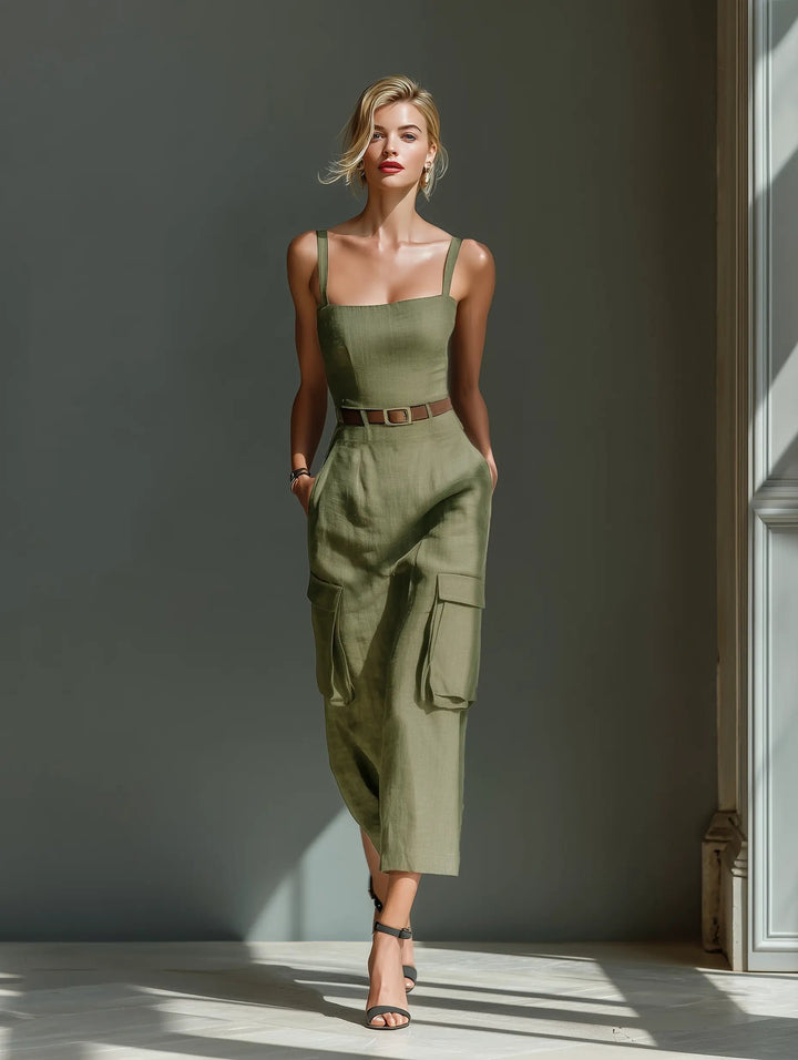 Damen Midi-Kleid Leinen Utility-Style Taillengürtel Cargotaschen