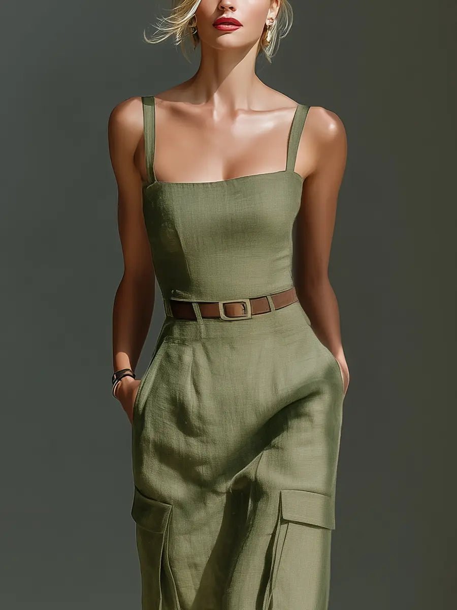 Damen Midi-Kleid Leinen Utility-Style Taillengürtel Cargotaschen