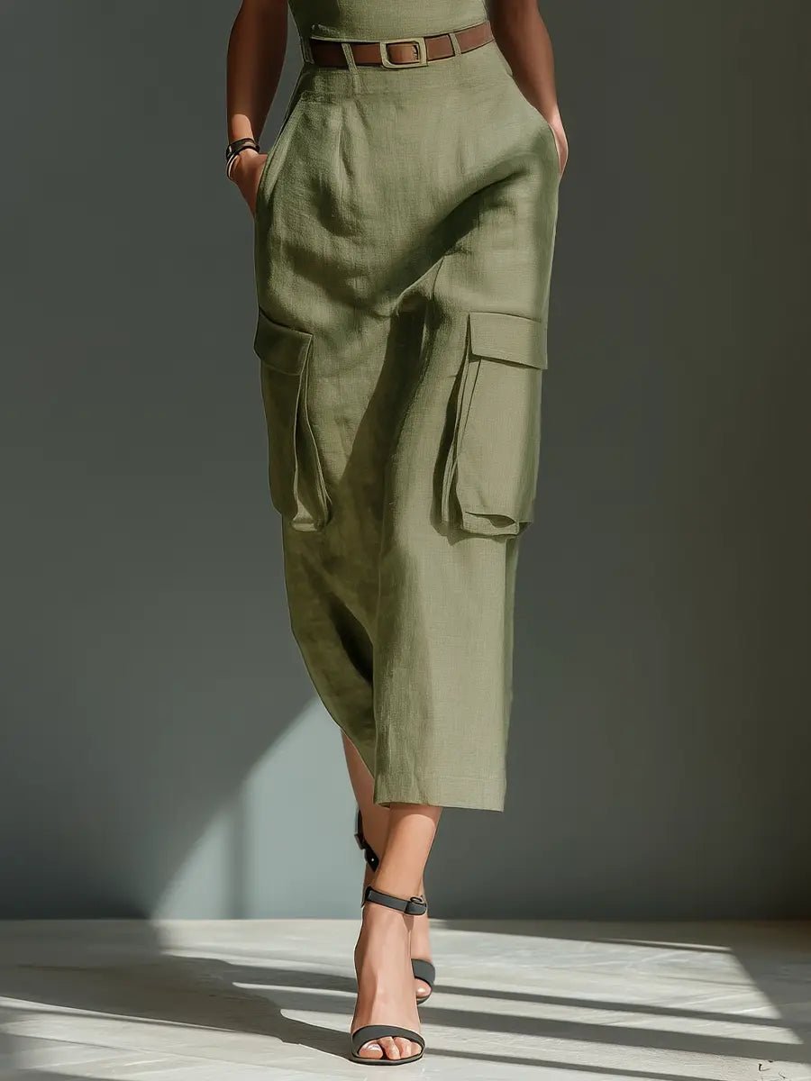Damen Midi-Kleid Leinen Utility-Style Taillengürtel Cargotaschen