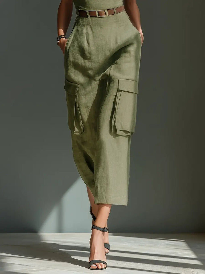 Damen Midi-Kleid Leinen Utility-Style Taillengürtel Cargotaschen