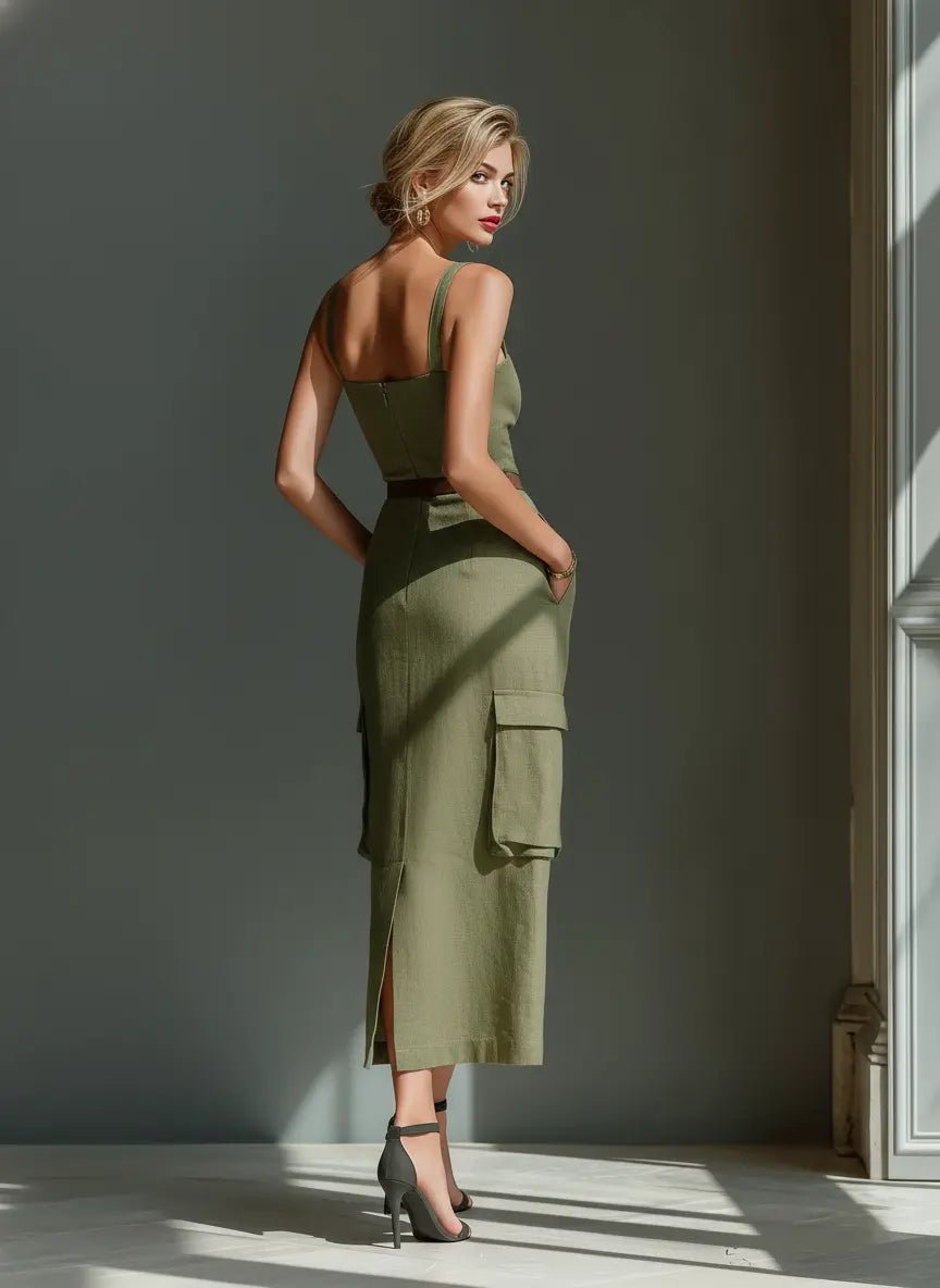 Damen Midi-Kleid Leinen Utility-Style Taillengürtel Cargotaschen