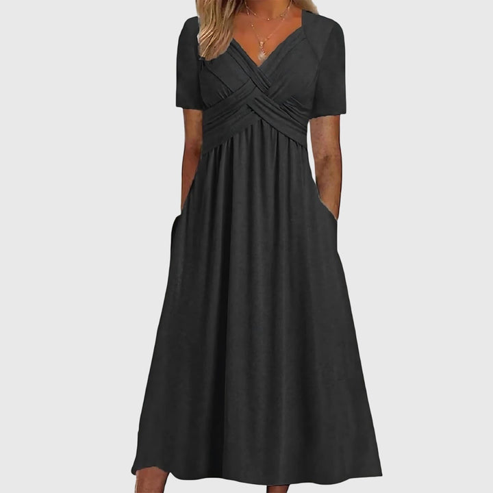 Damen Midi-Kleid mit Bauchkontrolle V-Ausschnitt Wickeloptik - Black