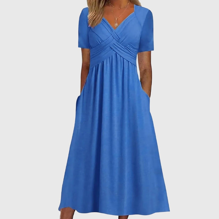 Damen Midi-Kleid mit Bauchkontrolle V-Ausschnitt Wickeloptik - Blue