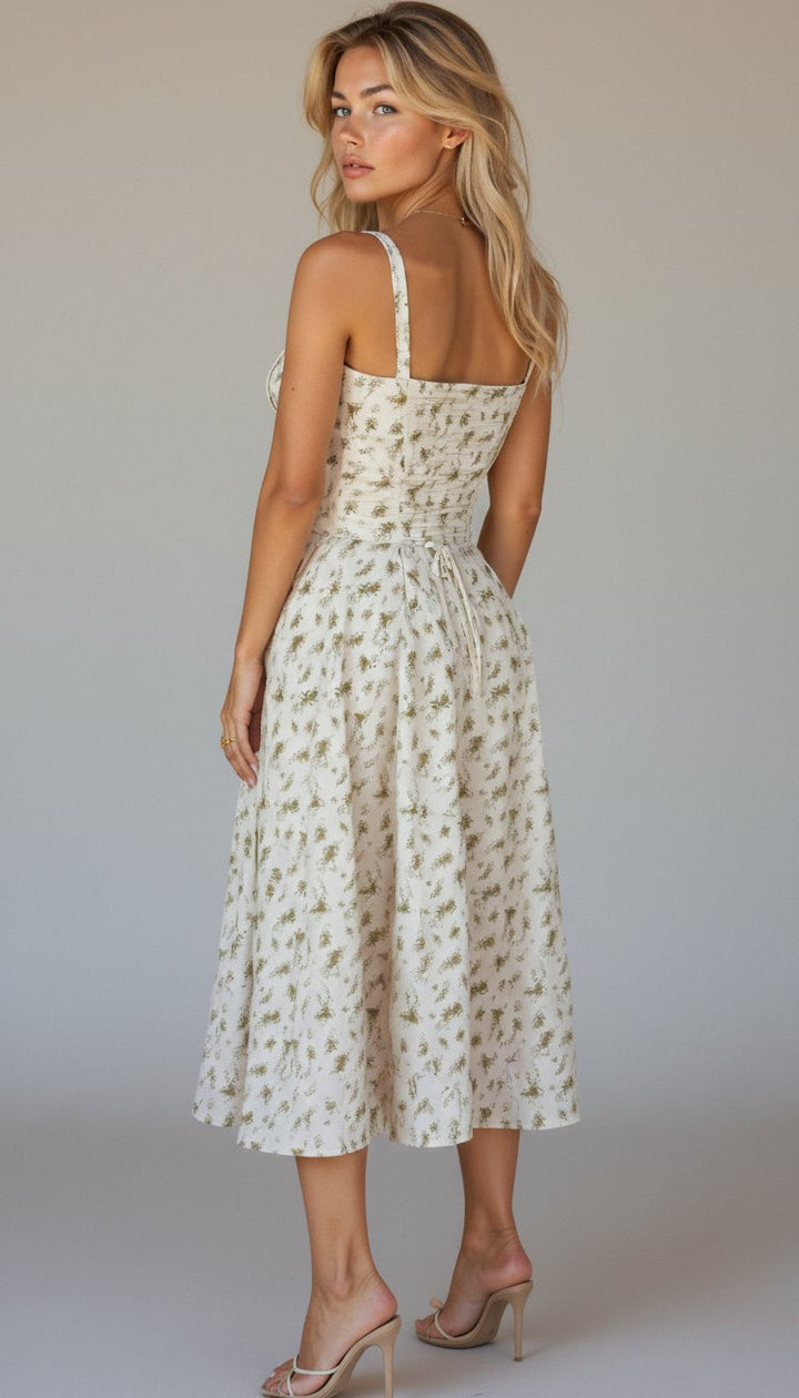 Damen Midi Kleid mit Korsett-Optik und Blumenmuster