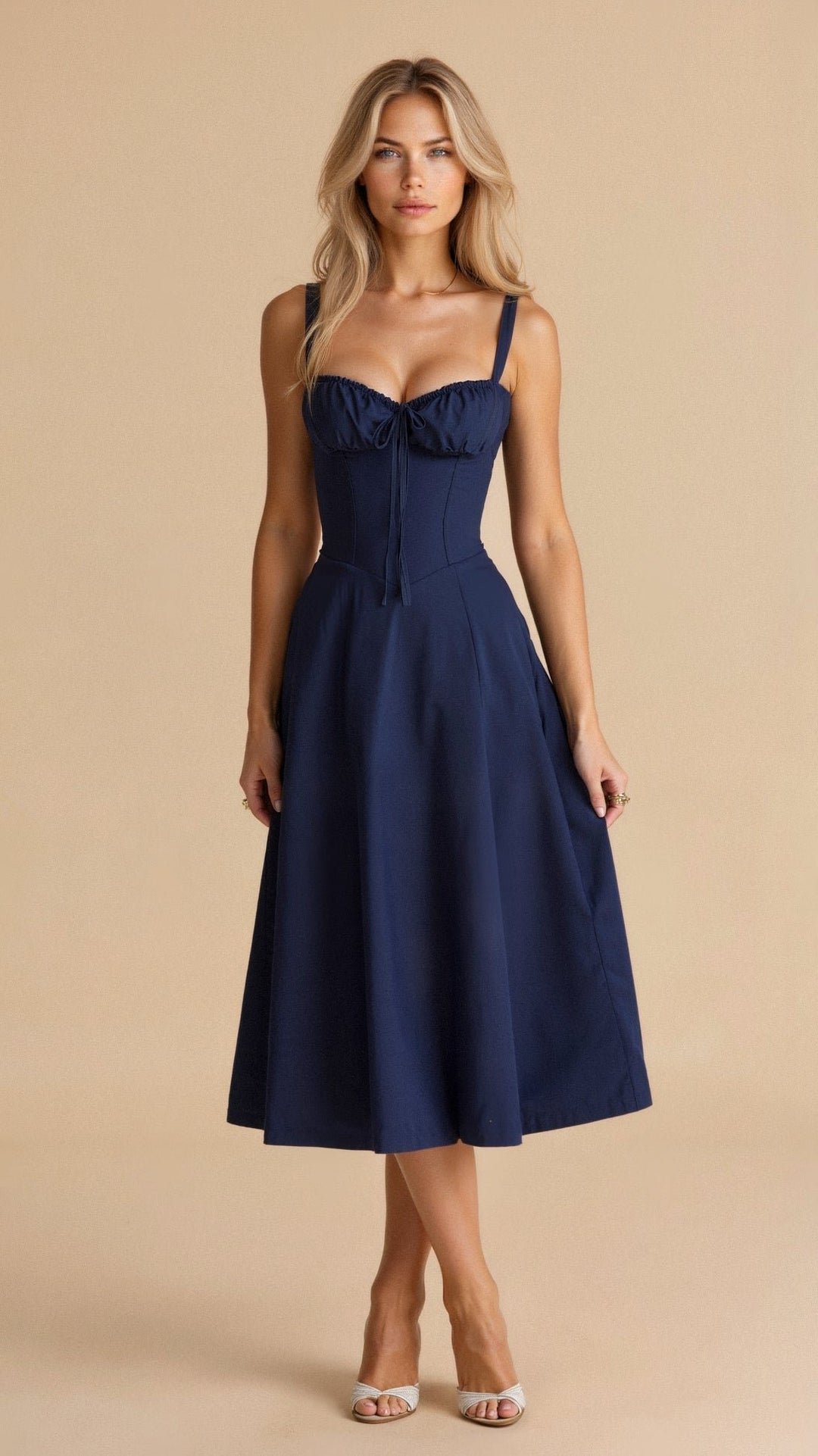 Damen Midi Kleid mit Korsett-Optik und Blumenmuster - Navy Blue