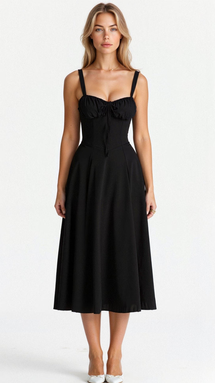Damen Midi Kleid mit Korsett-Optik und Blumenmuster - Black