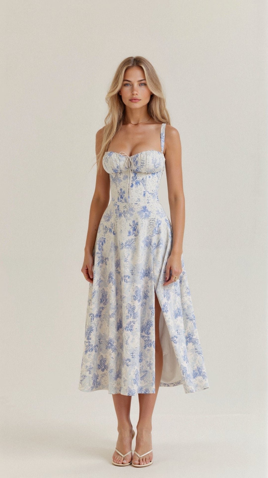 Damen Midi Kleid mit Korsett-Optik und Blumenmuster - Blue
