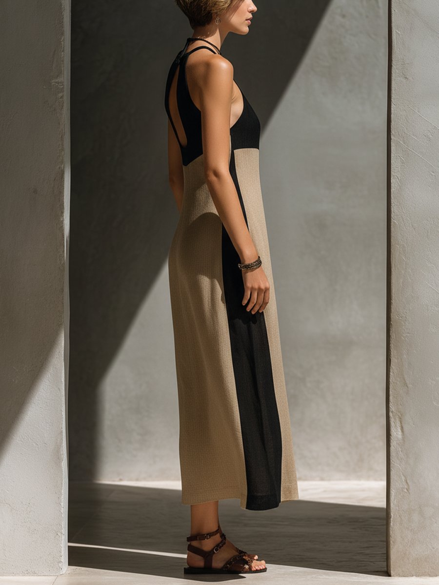 Damen Midi Kleid Neckholder Keyhole Ausschnitt Color Block