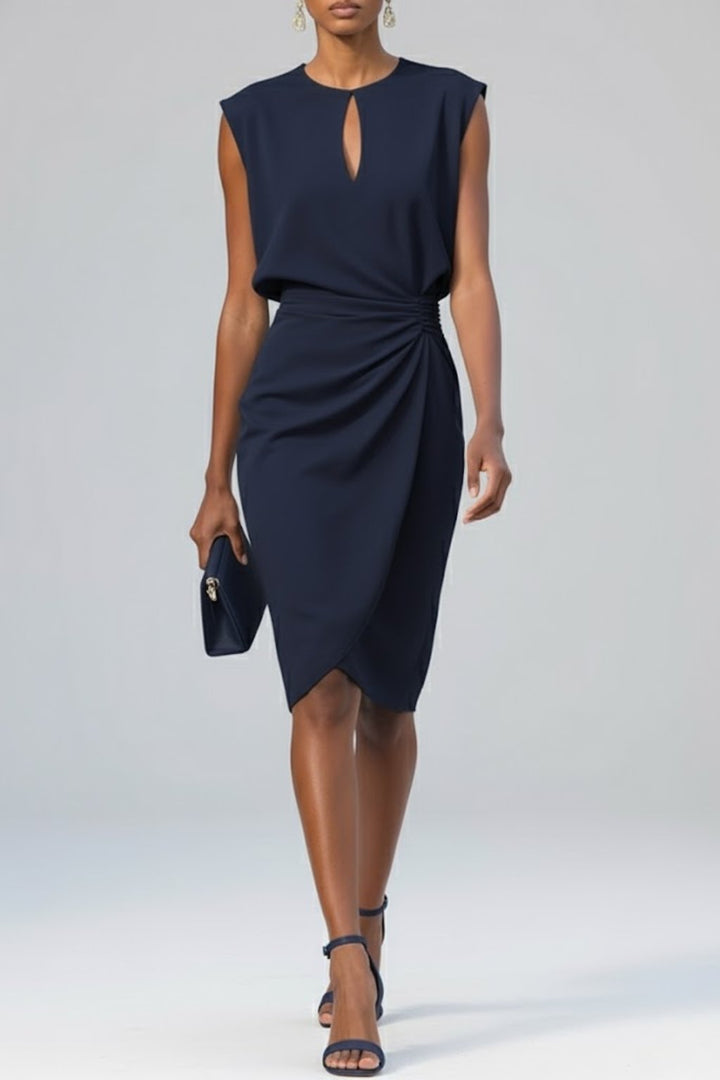Damen Midi-Kleid Schlüsselloch-Ausschnitt Raffung Ärmellos - Marineblauw